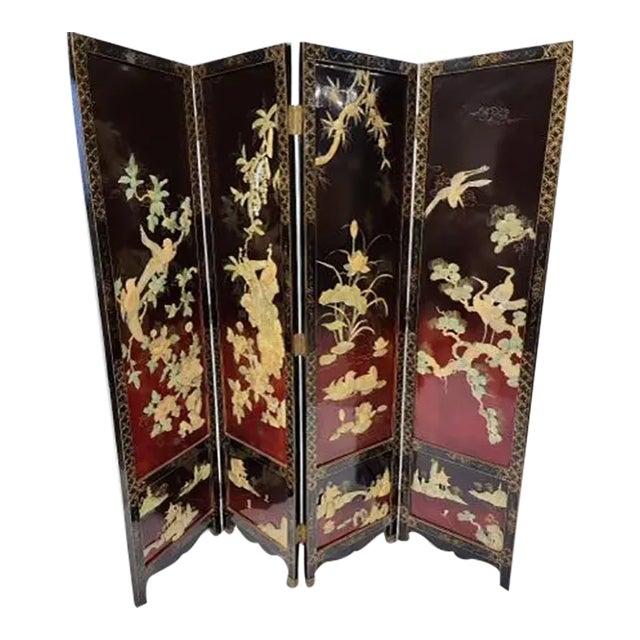 Vintage Chinese Mother of Pearl Coromandel Lacquered Screen Room Divider For Sale