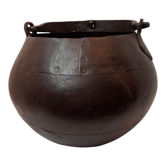 Antique 19th C Hand Forged Wrought Iron Well Bucket Riveted Strap Cauldron For Sale