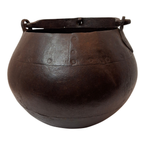 Antique 19th C Hand Forged Wrought Iron Well Bucket Riveted Strap Cauldron