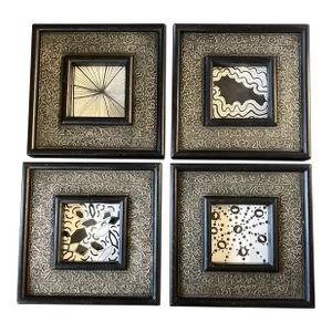 1970’s 4 Original Small Abstract Ink Drawings Chunky Ornate Frames-Set of 4