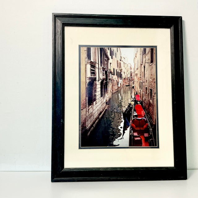 1980s Vintage Italian Boho Chic Cityscape Canal With Red Gondola at Dock Framed Photography For Sale - Image 6 of 18