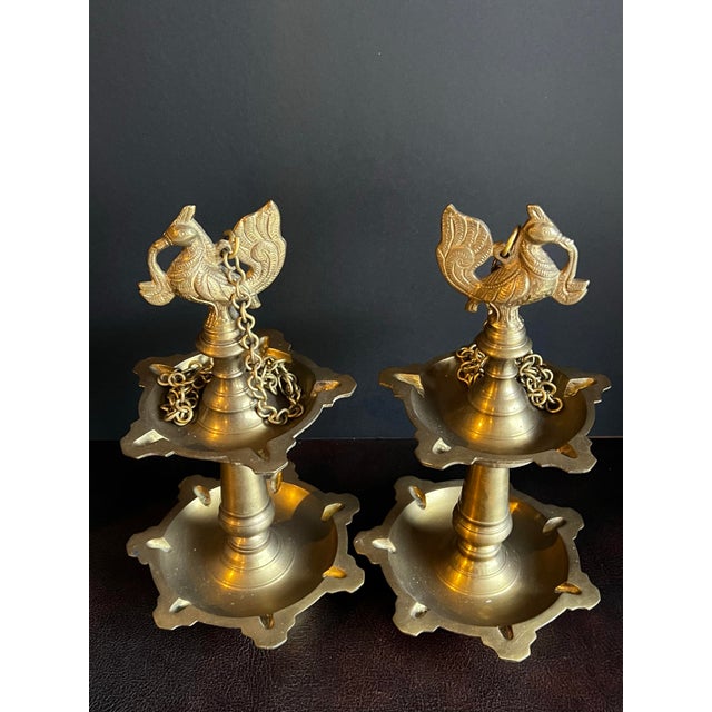 Gold Vintage Pair of Hanging Two Tiered Brass Peacock Diyas For Sale - Image 8 of 12