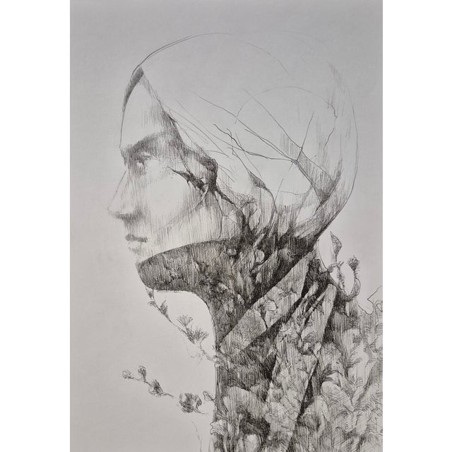 Rafal Kolinski, Faces, Profile with Flowers, Portrait, Original Ink Drawing on Paper, 2026 For Sale - Image 6 of 8
