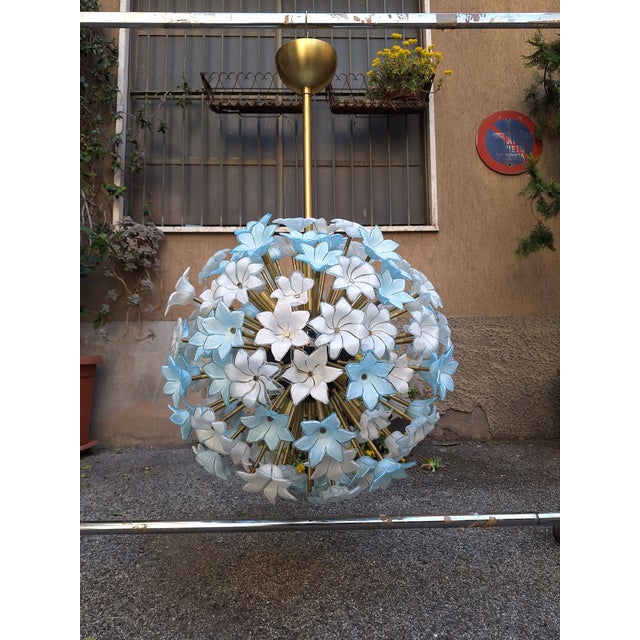 Large Brass Pendant Lamp with White and Blue Murano Glass Flowers For Sale - Image 4 of 9