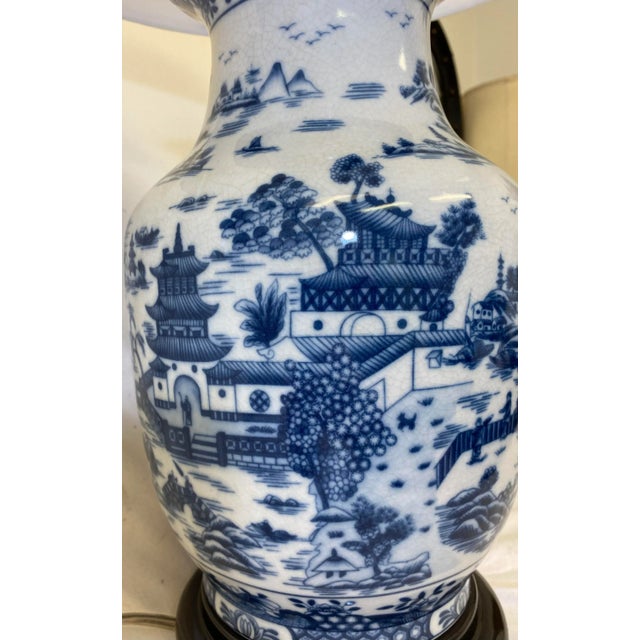 Wood Porcelain Blue Willow Vase Table Lamp on Wooden Base With White Lampshade For Sale - Image 7 of 12