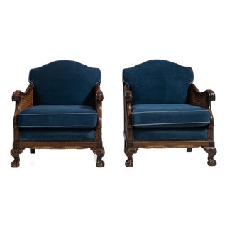 Pair of Early 20th Century British Navy Blue Edwardian Velvet Upholstered Armchairs with Cane Panels For Sale