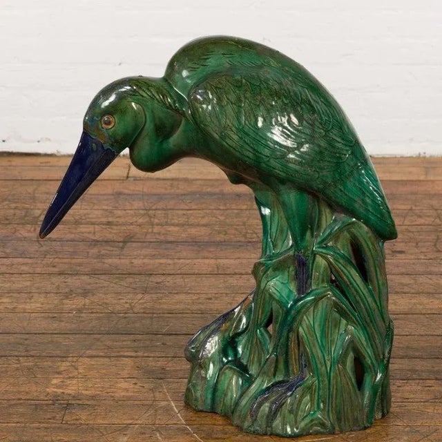 Vintage Lifesize Chinese Green & Blue Glazed Ceramic Heron Bird Sculpture For Sale - Image 12 of 13