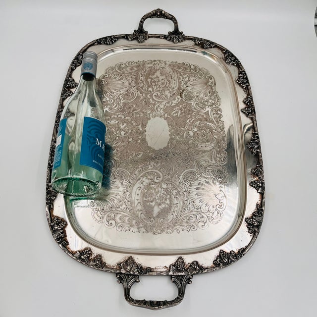 Traditional Vintage XL Silverplated Tray Grape, Vine and Scallop Shell Details For Sale - Image 3 of 16