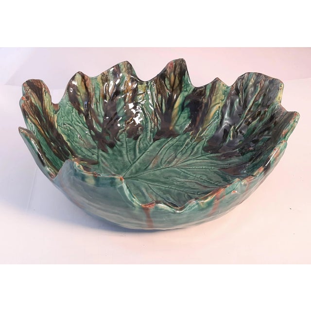 Vintage Majolica Cabbage Ware Leaf Bowl XL Deep Pottery Glazed For Sale - Image 4 of 10