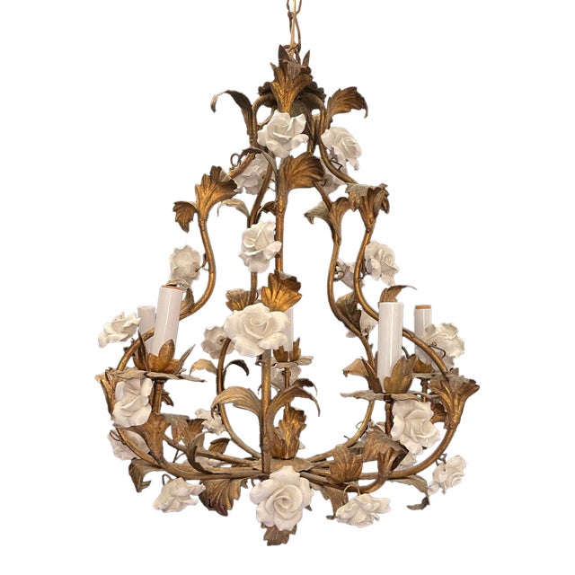 1950s Italian Birdcage Tole Chandelier With White Porcelain Roses For Sale