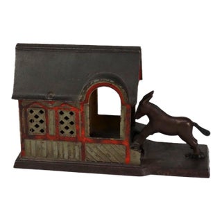 Antique Panted Cast Iron Figural Mule & Barn Mechanical Bank C1880 For Sale