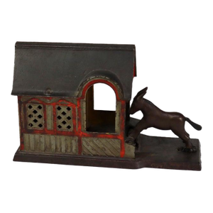Antique Panted Cast Iron Figural Mule & Barn Mechanical Bank C1880