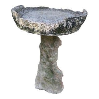 Vintage Aged Concrete Birdbath With Squirrel and Faux Bois Base For Sale