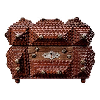 Antique European Tramp Art Keepsake Box With Red Velvet and Brass Details For Sale