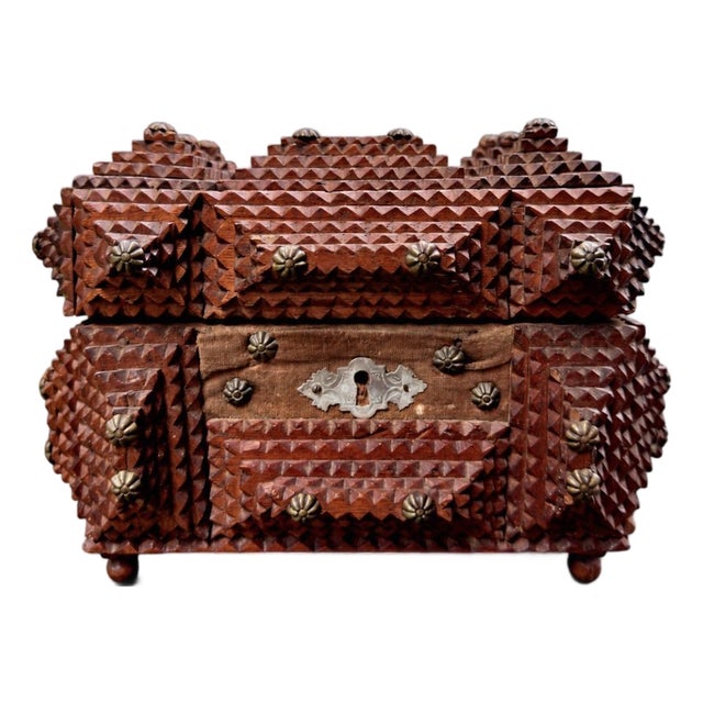Antique European Tramp Art Keepsake Box With Red Velvet and Brass Details For Sale