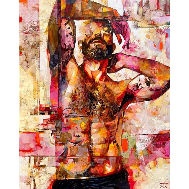 Igniting The Inner Flame by Jon Wassom | Mixed media on canvas male figure with expressive colors For Sale