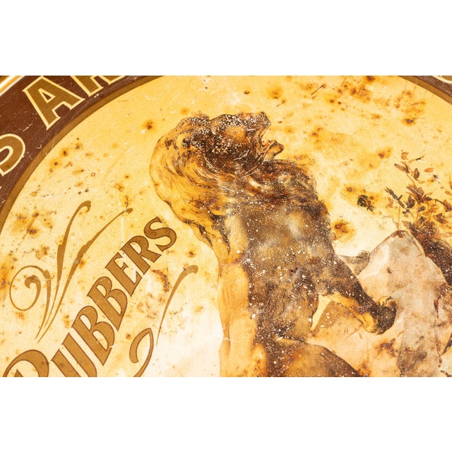 Victorian Turn-of-the-Century Banigan’s Rubbers Lion Tin Lithograph Advertising Sign For Sale - Image 3 of 4