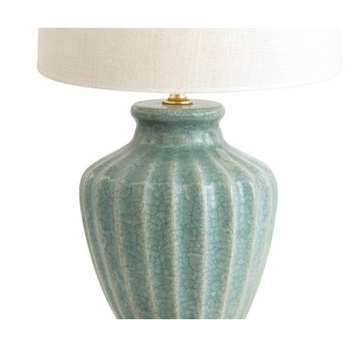 Late 20th Century Pair of Celadon Crackle Glaze Porcelain Table Lamps With Wood Bases For Sale - Image 4 of 4