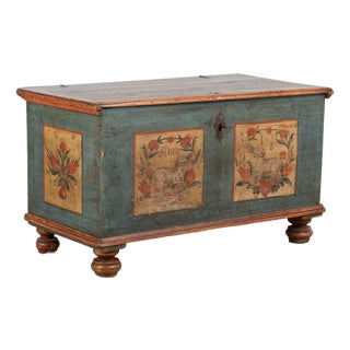 1822 Original Hand-Painted Blue Pine Flat Top Trunk For Sale