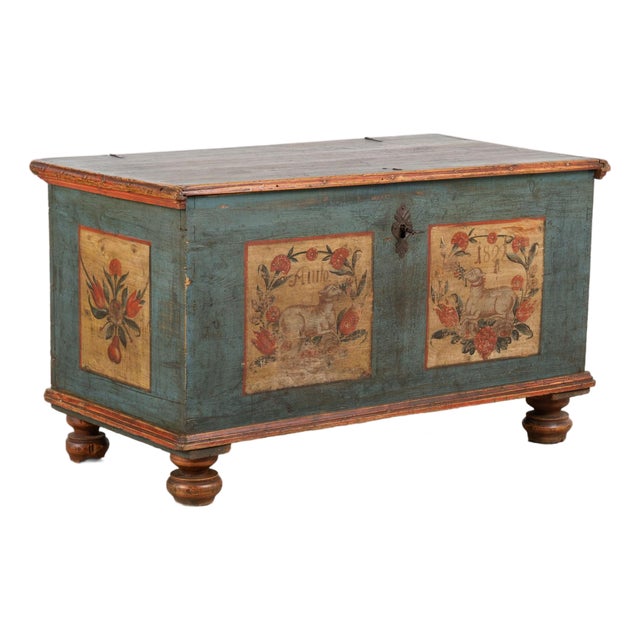 1822 Original Hand-Painted Blue Pine Flat Top Trunk For Sale