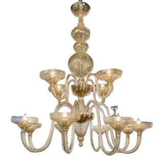Large Scale Two-Tiered Gold Murano Glass Chandelier For Sale