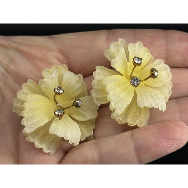 1950s Austria Pale Yellow Frosted Flower and Crystal Earrings, Pair For Sale - Image 4 of 8