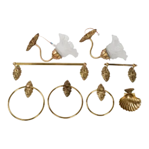 1960s Brass Bathroom Hardware: Wall Sconces, Towel Bar, Paper Holder, Soap Dish, Towel Rings - Set of 8