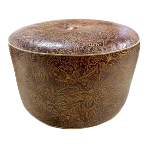 Custom French Button Ottoman With Embossed Leather and Self-Welt