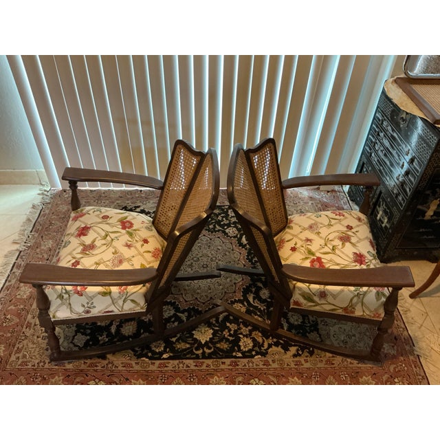 Pair of Vintage Cane‑Back Floral Rocking Armchairs For Sale - Image 4 of 12