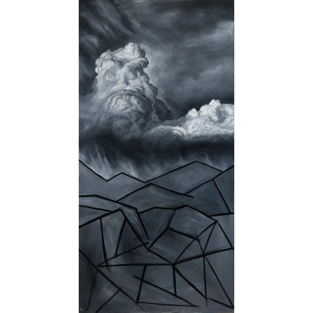 This oil on canvas artwork presents a dramatic interplay between tumultuous clouds and fragmented landforms, evoking a...