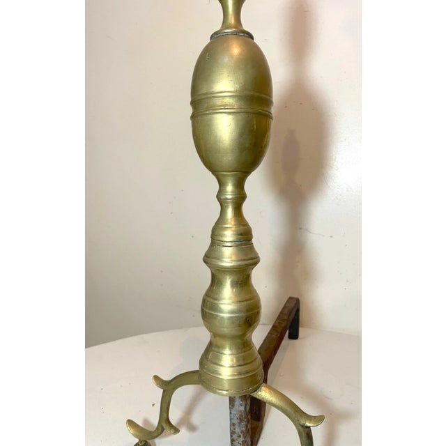 Brass Large Pair of Antique 1700's Peened Brass Iron Federal Double Lemon Andirons For Sale - Image 8 of 14