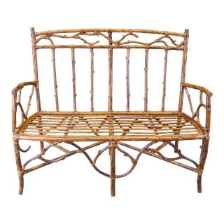 Mid 20th Century Vintage Rustic Bamboo Rattan Bentwood Adirondack Tree Branch Bench Settee For Sale