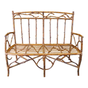 Mid 20th Century Vintage Rustic Bamboo Rattan Bentwood Adirondack Tree Branch Bench Settee