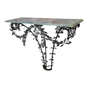 19th Century Art Nouveau Marble Top Bronze Console W/Leaves Motif