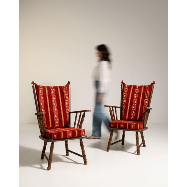 Pair of Dutch Oak Upholstered Armchairs Red France 1970s For Sale - Image 13 of 13