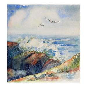 Mid 20th Century Rocky Coast Watercolor Painting