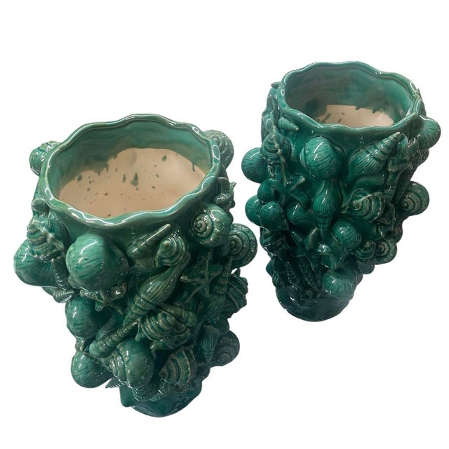 Italian Pair of Mid-Century Italian Green Glazed Majolica Seashell Vases For Sale - Image 3 of 10