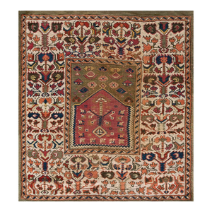 Sublime Green-Olive Background Color With Special Details Geometric Design Antique Turkish Anatolian Bergama Prayer Rug