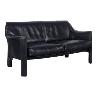 Vintage Black Leather Cab 415 Settee by Mario Bellini for Cassina For Sale