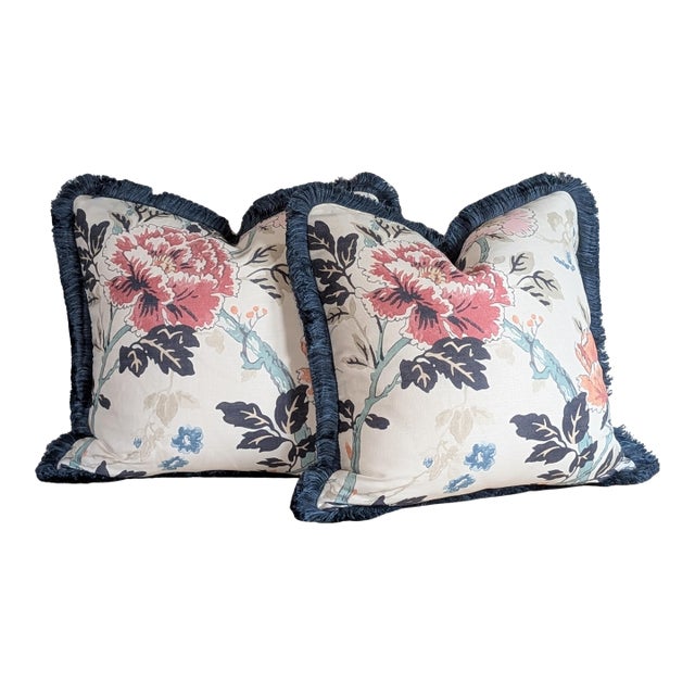 Lee Jofa Inisfree Floral Pillows in Sunset With Brush Fringe For Sale