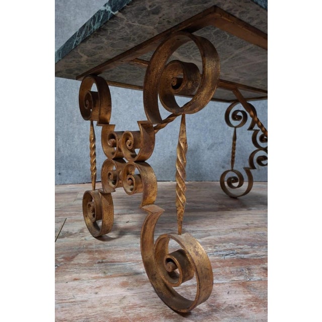 Wrought Iron Coffee Table with Scrollwork Decor and Marble Top, 20th Century Work For Sale - Image 3 of 8