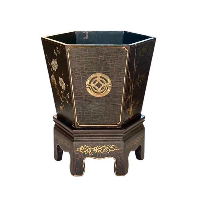 Vintage Ebonized Chinoiserie Jardiniere/Planter and Base For Sale - Image 4 of 5
