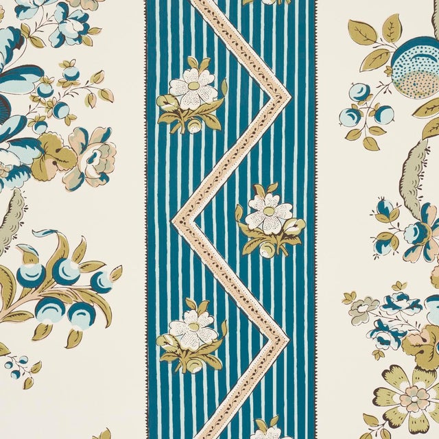 Contemporary SAMPLE - Schumacher Sylvain Floral Stripe Wallpaper In Teal For Sale - Image 3 of 5