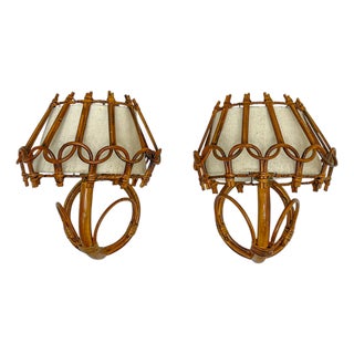 Bamboo and Rattan Wall Lights by Louis Sognot, 1960s, Set of 2 For Sale