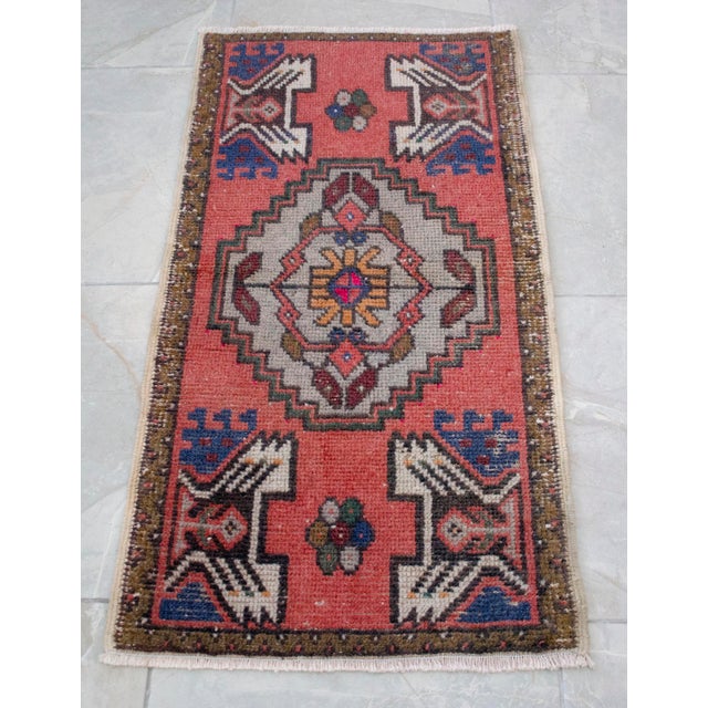 Distressed Low Pile Turkish Petite Rug Hand Knotted Faded Mat Enrty Decor- 1'8'' X 3' For Sale - Image 13 of 13
