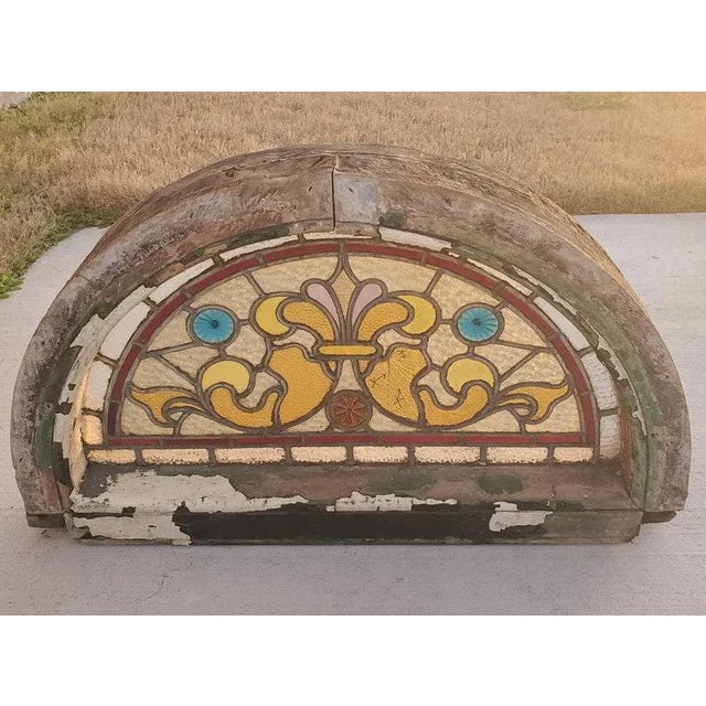 19th Century Victorian Era Architectural Salvaged Stained Glass Panel Transom Fanlight Window in Original Arched Wooden Frame For Sale - Image 4 of 13