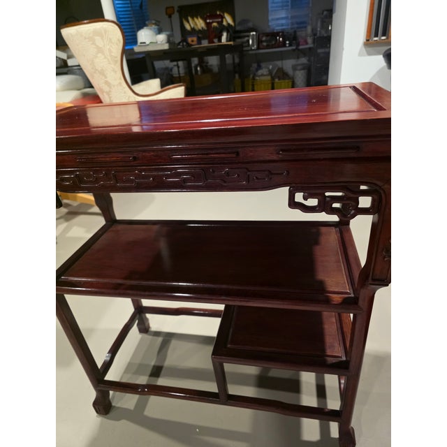 Wood 1950s Chinese-Style Hardwood Console Table With Fretwork Apron and Lower Shelf For Sale - Image 7 of 7