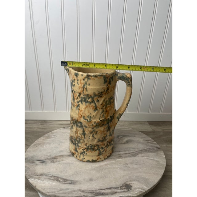 19th Century Antique Spongeware Stoneware Pitcher - Blue & Ochre Salt Glaze For Sale - Image 4 of 10