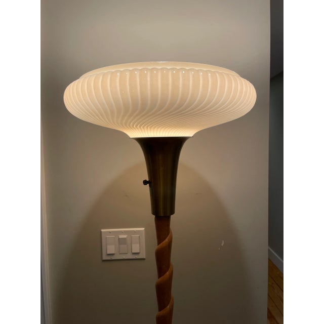 Art Deco 1930s Russel Wright Twisted Cerused Oak Brass Torchiere Floor Lamp For Sale - Image 3 of 10