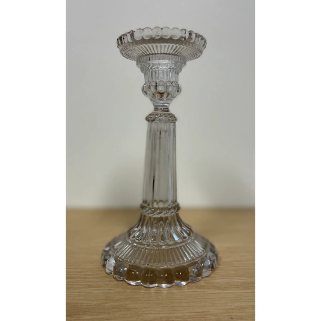 Vintage 1940s Pressed Clear Glass Candle Holder For Sale - Image 4 of 4